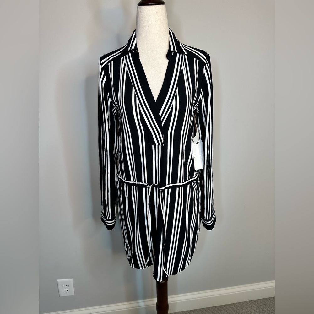 NWT sz XS Leith long sleeve shirt dress striped black white tie waist above knee